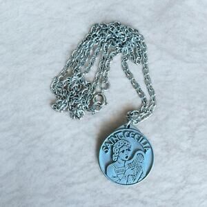 Vtg Catholic Saint Cecilia Virgin Martyr Silver Tone Religious Medal Necklace